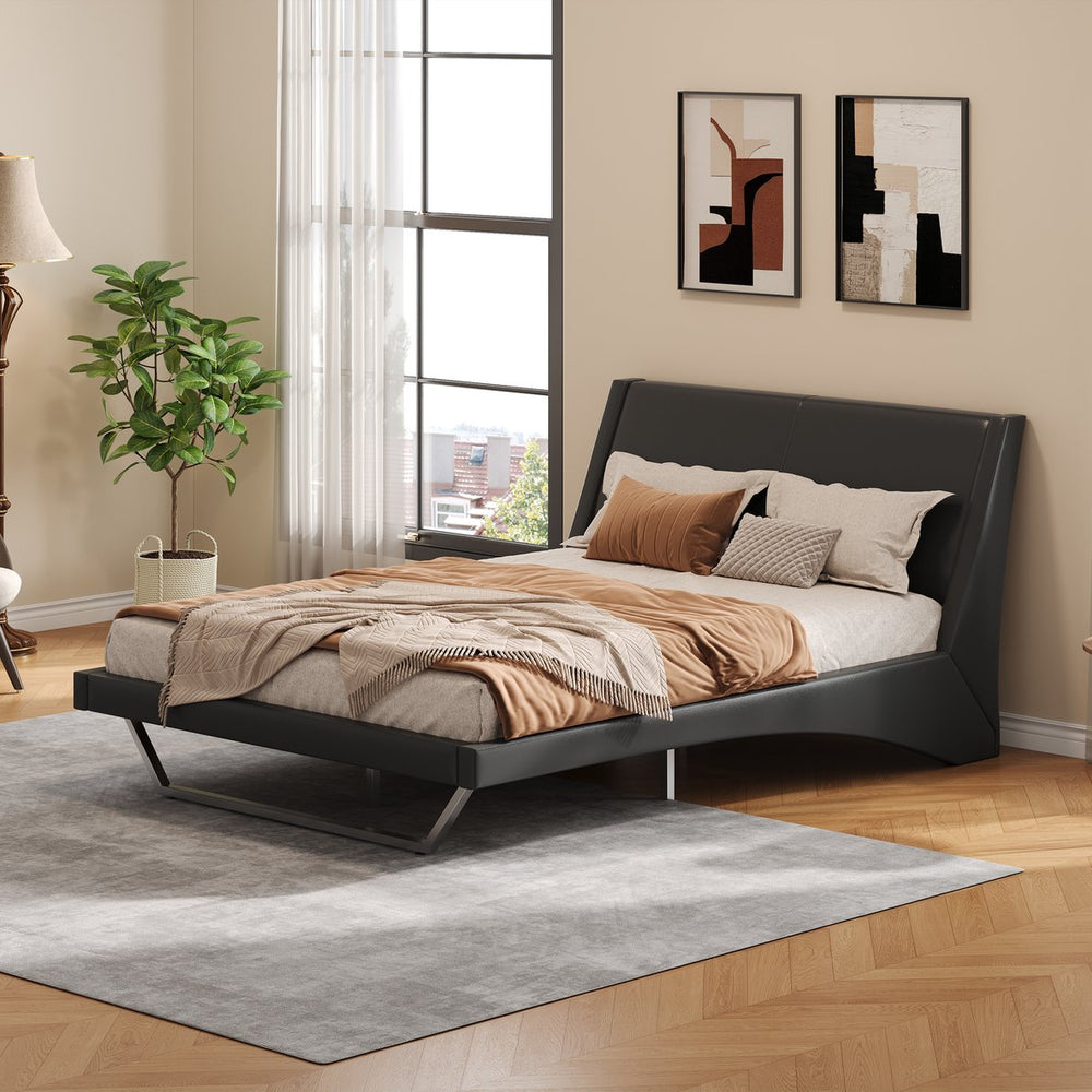 English Elm Queen Pu Leather Platform Bed Sculptural Wave Base Floating Silhouette Modern Bedroom Black N761S0000031B