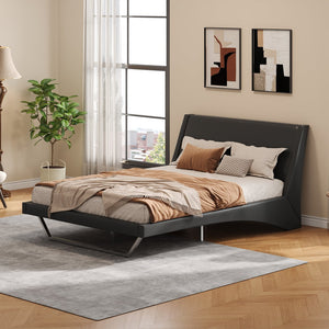 English Elm Queen Pu Leather Platform Bed Sculptural Wave Base Floating Silhouette Modern Bedroom Black N761S0000031B