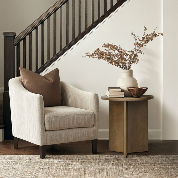 English Elm Accent Table Round Starburst Veneer Top Greige Finish Compact Living Room Bedside Walnut Brown B035P408401