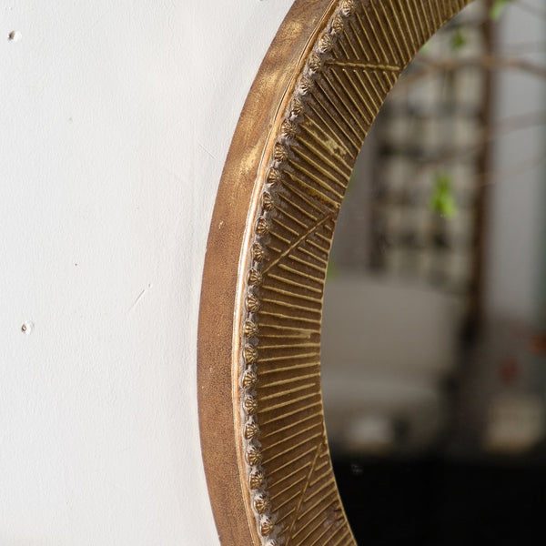 English Elm 31.3" Gold Iron Round Mirror Ribbed Texture Rivets Bohemian Accent for Bedroom W3158P407140