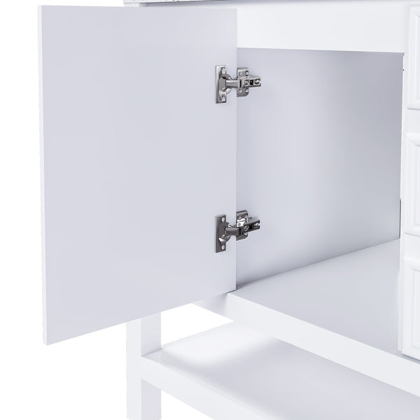 English Elm 36-inch white bathroom vanity without sink — solid wood frame, 1 cabinet, 3 drawers, quiet hardware, shelf W509P347341