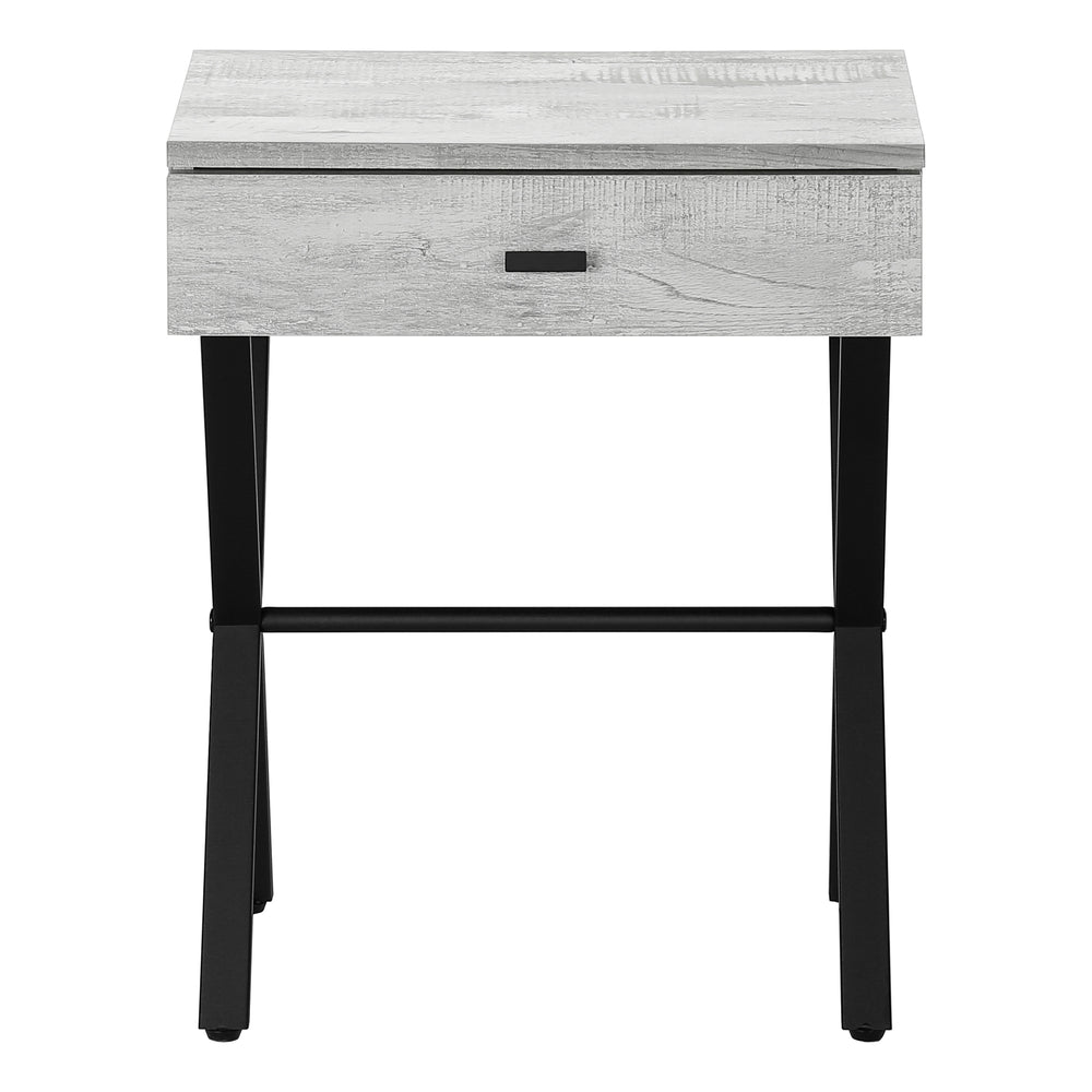English Elm Accent Table Rustic Wood-Look End Table with Black Metal X Base, Nightstand with Drawer for Living Room Grey 22 L x 14 W x 7 H B2710P219288