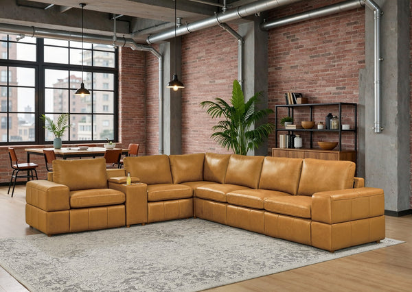 English Elm Premium Leather Match Sectional with Dual Recliners Square Arms and Console Storage Ginger B2748S00136