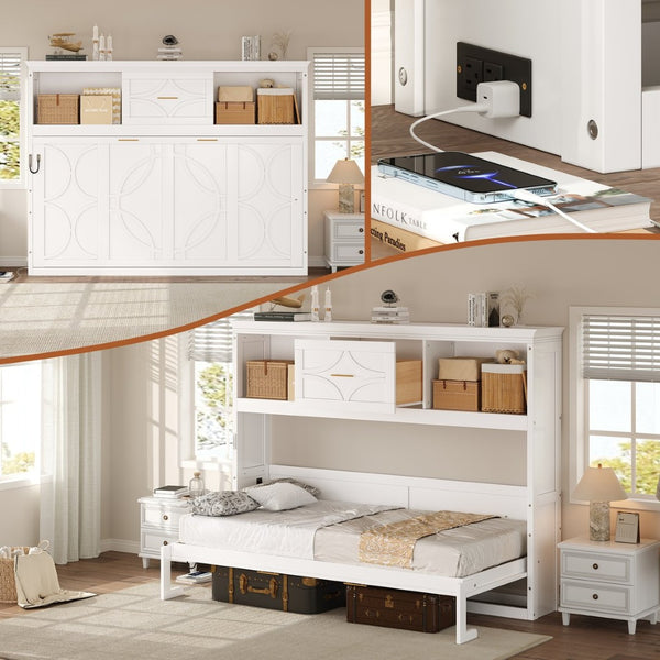 English Elm Twin Size Murphy Bed With Charging Station & Storage Drawer – Stylish, Space-Saving Solution! N7090004019K-GIGA