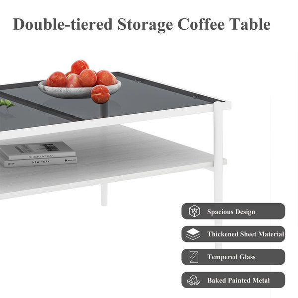 English Elm Coffee Table Set Of 3 With Gray Tempered Glass & Mdf Shelf - Modern Living Room End Tables W241S00041