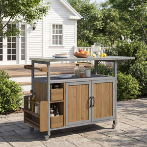 English Elm 54.33" Farmhouse Outdoor Kitchen Cart Solid Fir Frame Steel Top Storage Bbq Prep Blue Gray,Walnut Brown N767P379702B