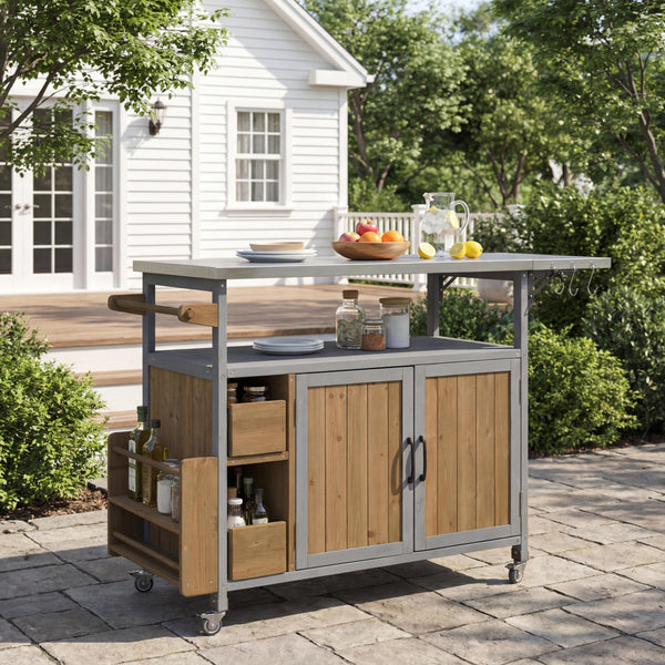 English Elm 54.33" Farmhouse Outdoor Kitchen Cart Solid Fir Frame Steel Top Storage Bbq Prep Blue Gray,Walnut Brown N767P379702B
