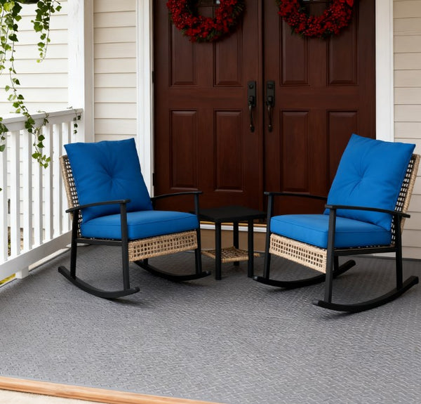 English Elm Patio Pe Rattan Rocking Chair Set with Tufted Cushions and Matching Coffee Table Blue T3971P419117