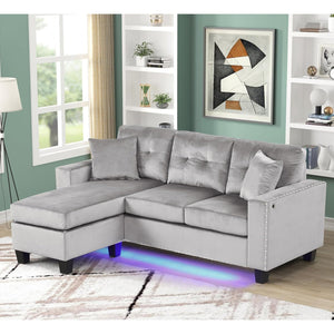 English Elm Velvet Reversible Sectional Sofa with LED Lights, Tufted Cushions, Nailhead Trim & Throw Pillows B016P406026