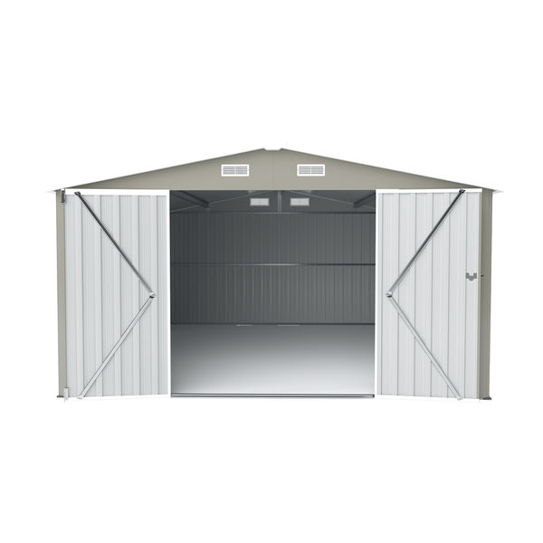 English Elm Campcraft Galvanized Steel Outdoor Storage Shed with Lockable Doors and Four Air Vents Light Gray W1598S00023