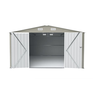 English Elm Campcraft Metal Storage Shed 10x14 Ft with Lockable Doors Vented Sloped Roof Backyard Light Gray W1598S00050