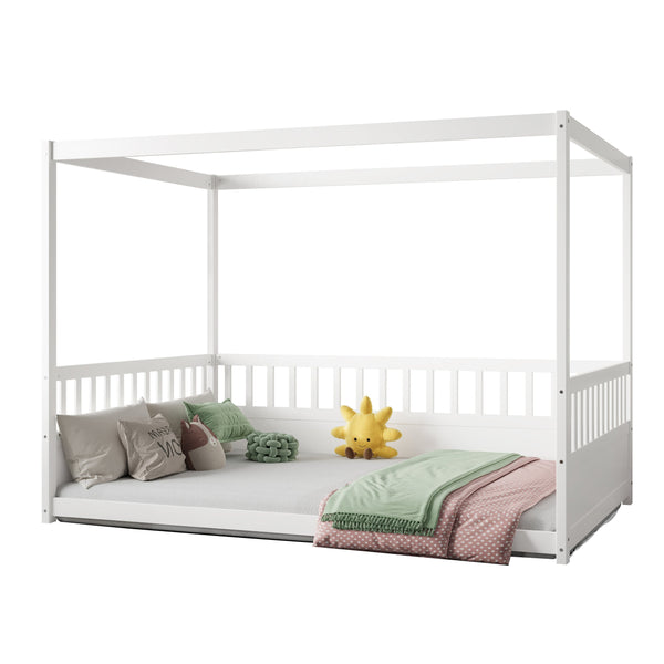 English Elm Full Canopy Bed Frame with Guardrails for Kids Full Size Pine Wood Montessori Floor Bed Cozy Canopy White W1858P252840