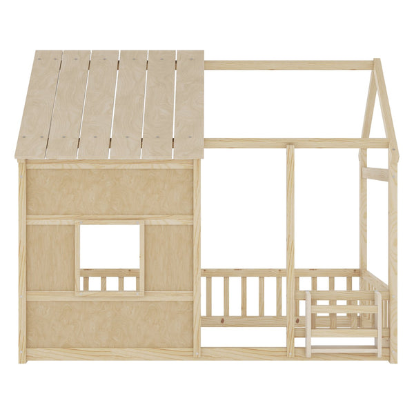 English Elm Twin House Frame Floor Bed Pinewood Build with Led Roofline Kids Bedroom Natural W697P435882