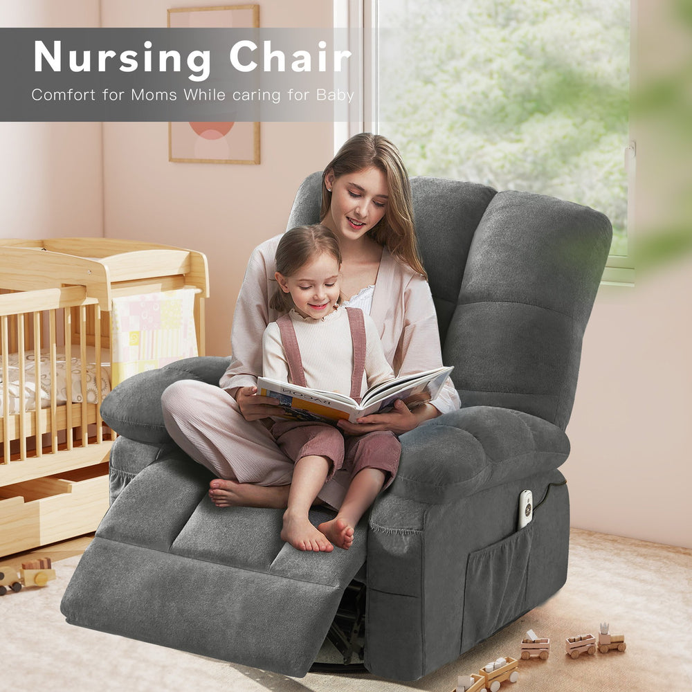 English Elm Massage Swivel Recliner Oversized Chair with Heating Nodes and Usb Port for Living Room Gray W1521P352671