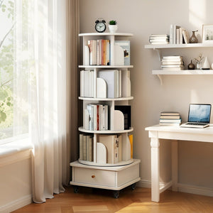 English Elm 5 Tier Rotating Bookshelf with 360° Spin, Locking Wheels, Stable Base & Drawer Storage for Home W3204P309488
