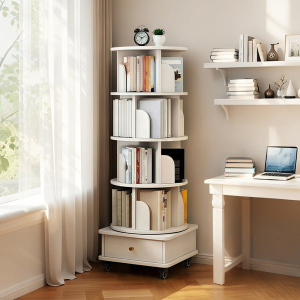 English Elm 5 Tier Rotating Bookshelf with 360° Spin, Locking Wheels, Stable Base & Drawer Storage for Home W3204P309488