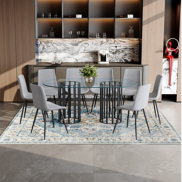 English Elm Table and Chair Set Oval Tempered Glass Top with 8 Linen Seats Light Luxury Dining W1151S04754