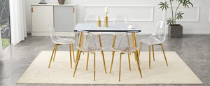 English Elm Table and Chair Set Marble Effect Glass Top Gold Legs Acrylic Seating for Six Black,Transparent,White+Gold W1151S04655