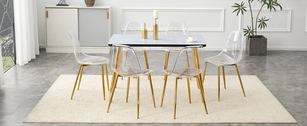 English Elm Table and Chair Set Marble Effect Glass Top Gold Legs Acrylic Seating for Six Black,Transparent,White+Gold W1151S04655