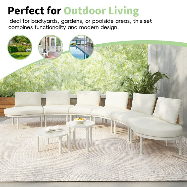 English Elm TOPMAX 8-Piece Patio Sofa Set with Modular Half-Moon Sectionals, Tempered Glass Tables, Cushioned Komfort Beige SP100029AAA