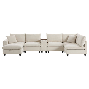 English Elm 139'' U-shaped Corduroy Sectional with Ottoman Console Usb Port and Cup Holders for Living Beige N723S1166A