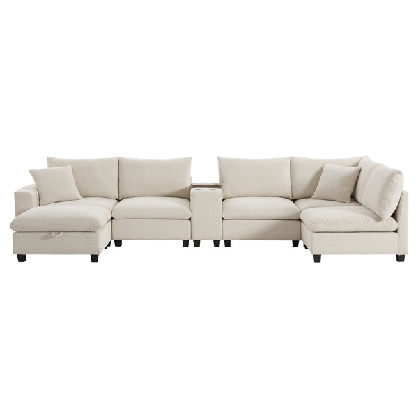 English Elm 139'' U-shaped Corduroy Sectional with Ottoman Console Usb Port and Cup Holders for Living Beige N723S1166A