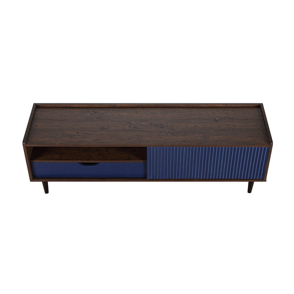 English Elm Duane Ribbed 59" Fluted TV Stand with Sliding Door, Full-Extension Drawer, Wire Management and Metal Feet Navy Blue B365P397922