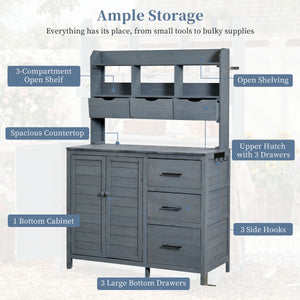 English Elm (with Hutch) Topamx Solid Fir Potting Bench Patio Workstation Spice Rack Drawer Gray N717P404331E