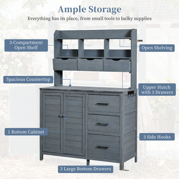 English Elm (with Hutch) Topamx Solid Fir Potting Bench Patio Workstation Spice Rack Drawer Gray N717P404331E