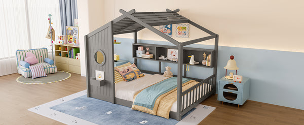 English Elm Full House Floor Bed with Roof Playhouse Design, Montessori Style with Rear Storage Shelf, Sturdy Pine Gray 78.5 L x 16.35 W x 8 H N733P335068E