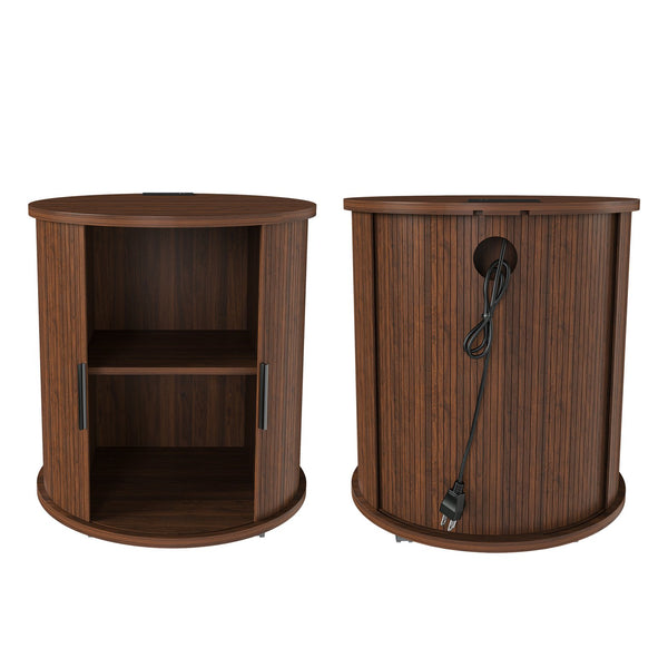English Elm Mid Century Walnut Round End Table with Charging Station and Sliding Door Storage W2700P385517