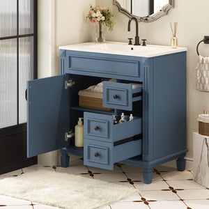 English Elm 30" French-Inspired Bathroom Vanity With Ceramic Sink, Soft-Close Drawers & Elegant Storage Solutions N710P323323C