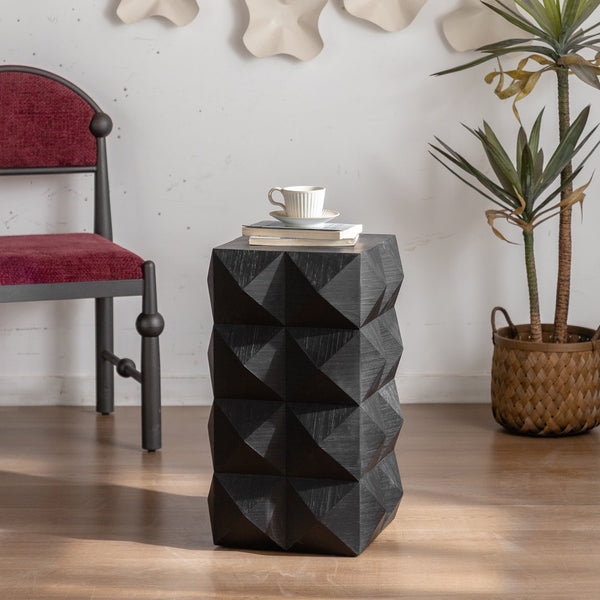 English Elm 23.62"Height Retro Side Table with Three-Dimensional Embossed Pattern, Distressed Wood Finish, Durable Craftsmanship W757P183205