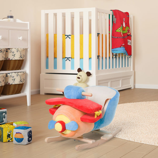 English Elm Qaba Wooden Plush Airplane Rocking Toy with Lullaby Sound and Safety Belt Toddlers W2225P249738
