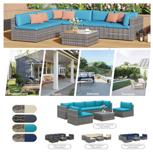 English Elm 7-piece Outdoor Modular Sectional Pe Wicker Patio Set with Tempered Glass Coffee Table Grey+Blue B082S00064