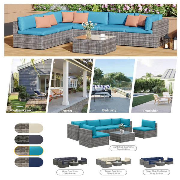 English Elm 7-piece Outdoor Modular Sectional Pe Wicker Patio Set with Tempered Glass Coffee Table Grey+Blue B082S00064