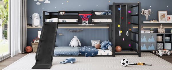 English Elm Twin Xl Metal Loft Bed with Climbing Wall Slide Basketball Hoop and Bookshelves W1580S00588