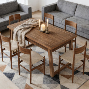 English Elm Rectangular Walnut Dining Table with Hidden Drawer and Tapered Solid Wood Legs Seats Six T3971P447210