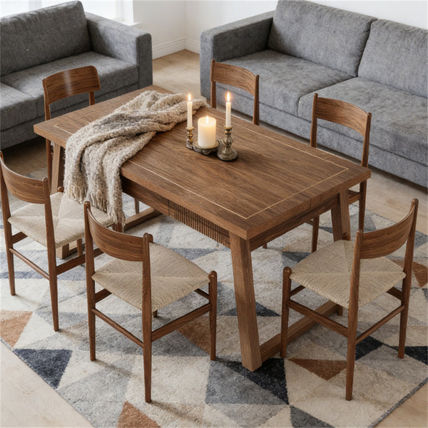 English Elm Rectangular Walnut Dining Table with Hidden Drawer and Tapered Solid Wood Legs Seats Six T3971P447210