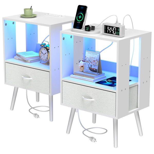 English Elm 2 Pack Modern Nightstands With Usb Charging, Led Light, And Stylish Fabric Drawers For Organization W1550P272168