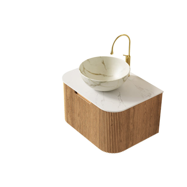 English Elm Dina Floating Bathroom Vanity with Sintered Stone Top and Crystal Glass Basin Carrara White,Natural Wood,Stone White W2615S00692