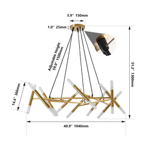 English Elm 41" Golden Modern Chandelier Light Fixture, 20-G9 Frosted Tubes, Iron Acrylic Branch Design, Adjustable Pendant for Dining Room or Kitchen Island W1340P233169