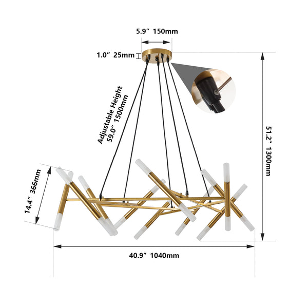 English Elm 41" Golden Modern Chandelier Light Fixture, 20-G9 Frosted Tubes, Iron Acrylic Branch Design, Adjustable Pendant for Dining Room or Kitchen Island W1340P233169