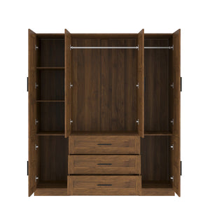 English Elm Tall Wooden Freestanding Armoire with Six Doors Three Drawers and Hanging Rod W1321S00039