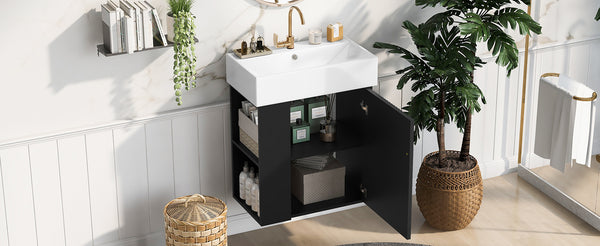 English Elm 21.6 Modern Floating Bathroom Vanity with Ceramic Basin, Wave Door, Rose Gold Handle, Space-Saving Black N729P170390B