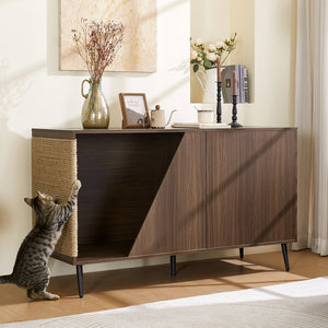 English Elm Cat Furniture Mid-Century Walnut 2‑in‑1 Litter Box Enclosure with Sisal Scratcher & Spring Door Storage N843P254861W
