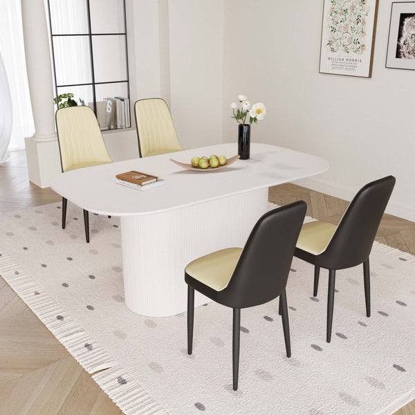 English Elm 63" Medieval Modern Cream Mdf Dining Table & 4 Pu Chairs Set With Black Metal Legs For Home Use W2189S00691