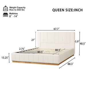 English Elm Modern, Quilted Upholstered Queen Bed Rubberwood Frame Beige Fabric Striped Headboard N769Q360699A