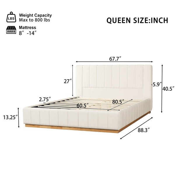English Elm Modern, Quilted Upholstered Queen Bed Rubberwood Frame Beige Fabric Striped Headboard N769Q360699A