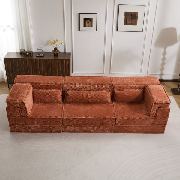 English Elm Compression Modular Sofa Bed - Oversized Convertible Sectional With Plush Fleece & 3 Pillows, Orange W3723S00018